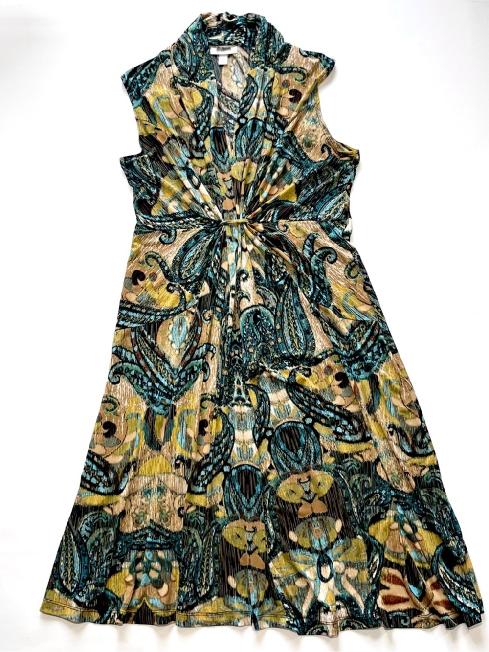 Dressbarn Sleeveless Rushed Dress Size 12 Knee Length A-Line Paisley Teal/Yellow